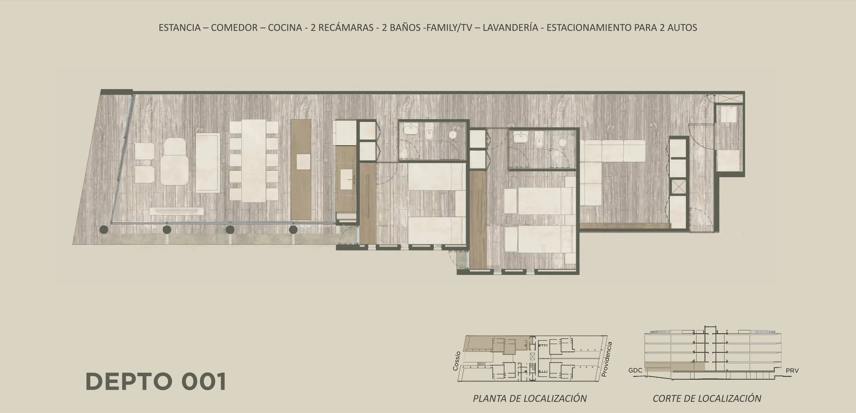Plano arquitectónico del Depto 001: Estancia · Comedor · Cocina · 2 Baños · 2 Recámaras · Family/TV · 2 Estacionamientos · Lavandería