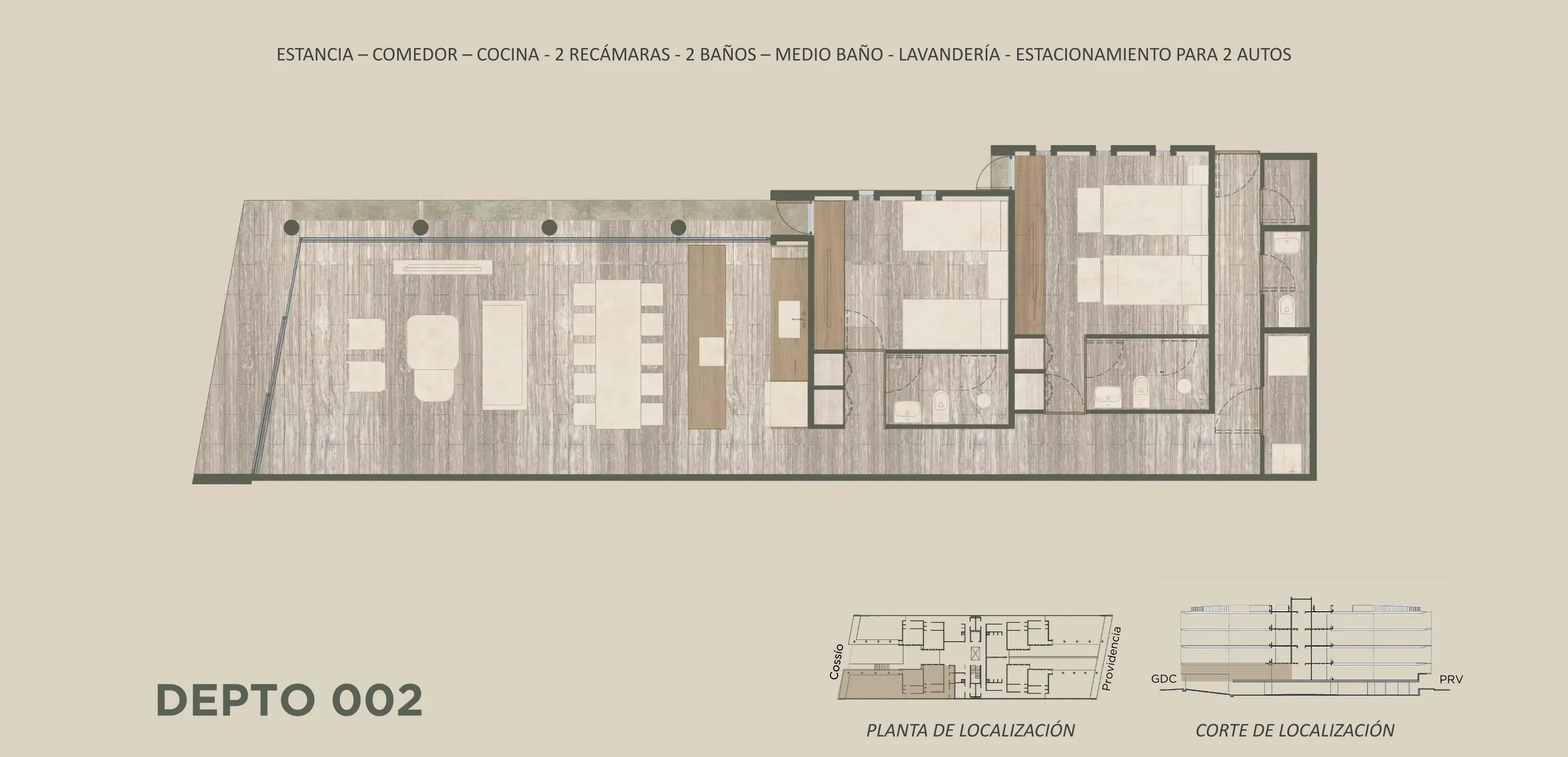 Plano arquitectónico del Depto 002: Estancia · Comedor · Cocina · 2 Baños · Medio baño · 2 Recámaras · 2 Estacionamientos · Lavandería