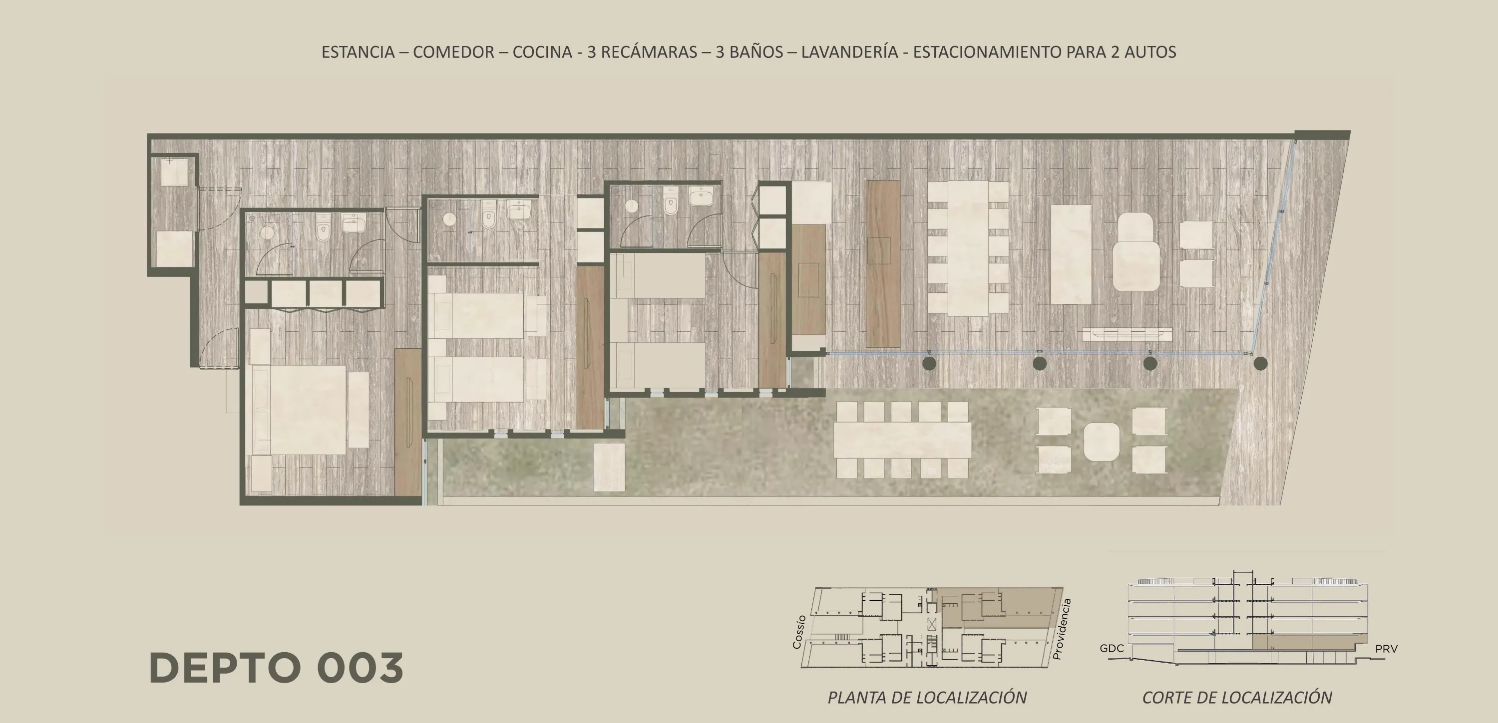 Plano arquitectónico del Depto 003: Estancia · Comedor · Cocina · 3 Baños · 3 Recámaras · 2 Estacionamientos · Lavandería