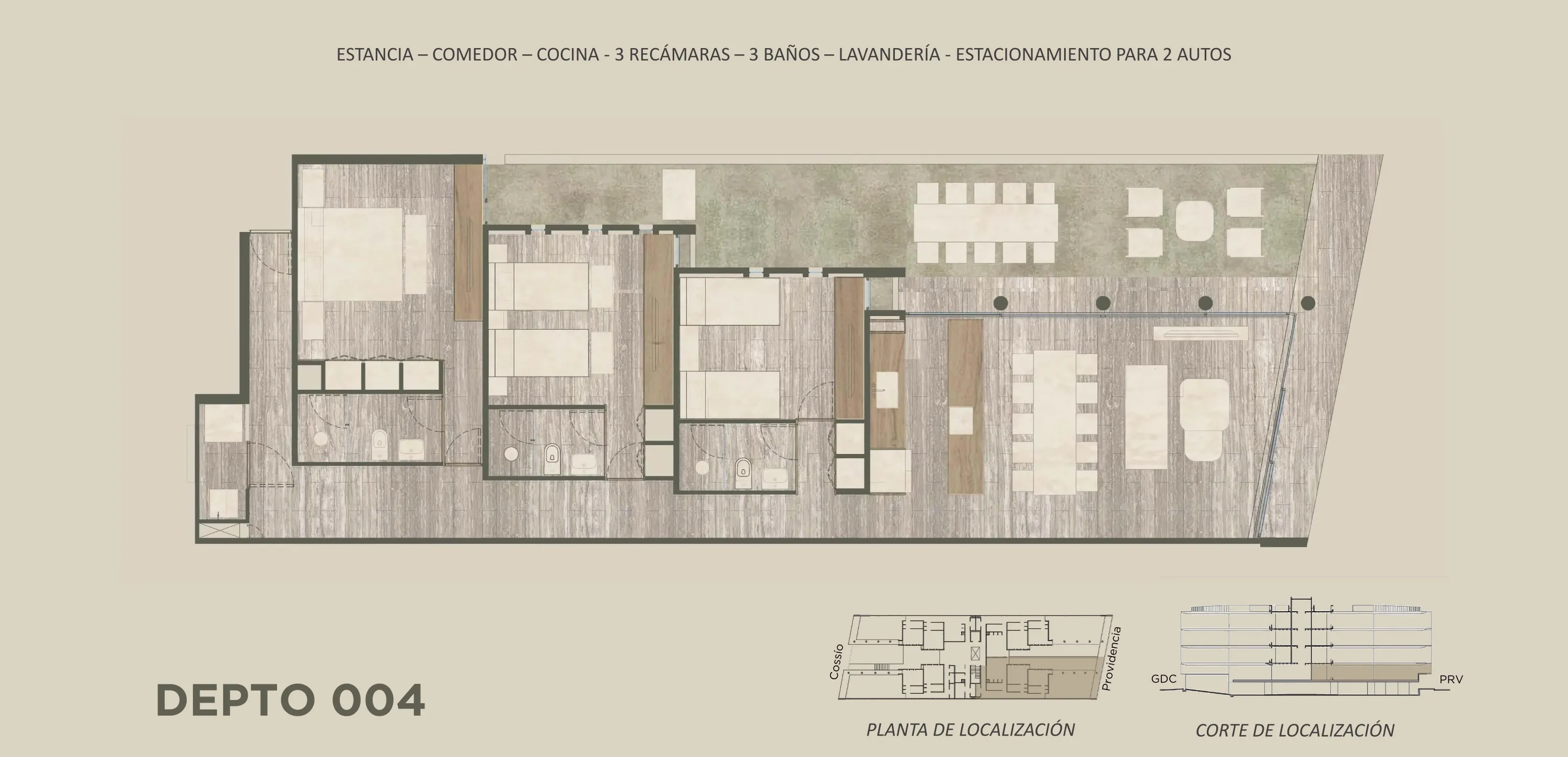 Plano arquitectónico del Depto 004: Estancia · Comedor · Cocina · 3 Baños · 3 Recámaras · 2 Estacionamientos · Lavandería