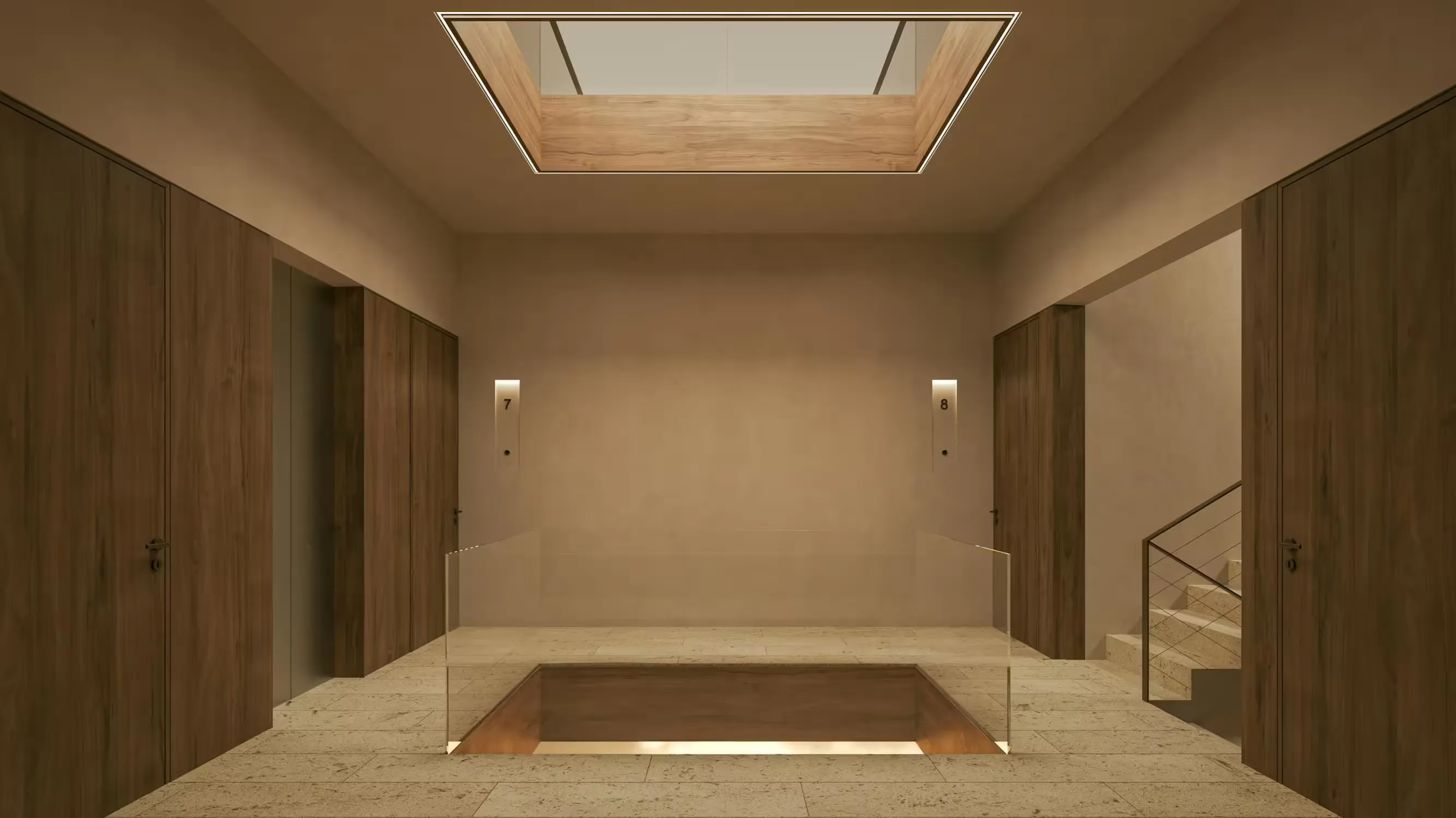 Pasillo interior y baño en travertino
