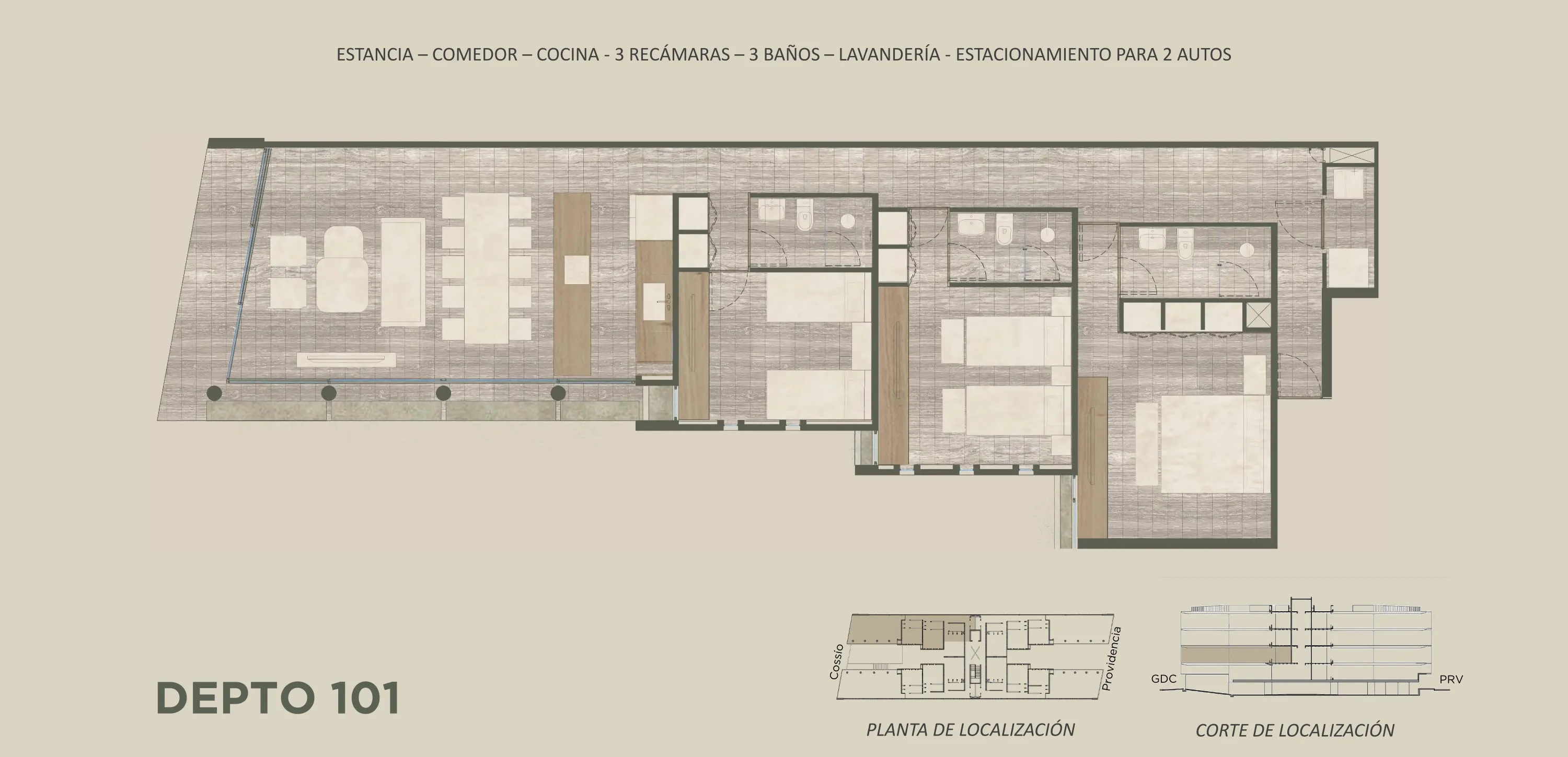 Plano arquitectónico del Depto 101: Estancia · Comedor · Cocina · 3 Baños · 3 Recámaras · 2 Estacionamientos · Lavandería