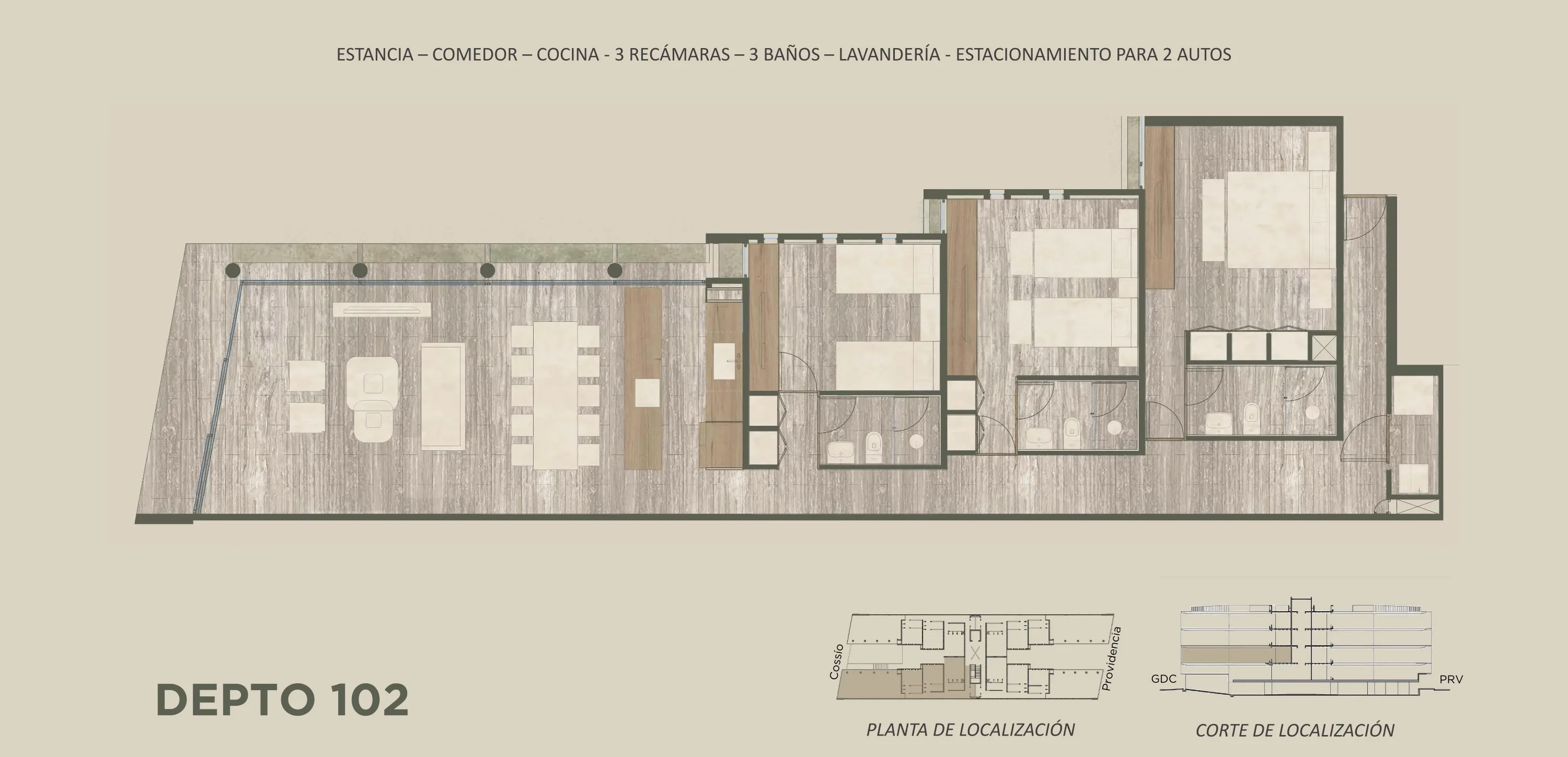 Plano arquitectónico del Depto 102: Estancia · Comedor · Cocina · 3 Baños · 3 Recámaras · 2 Estacionamientos · Lavandería