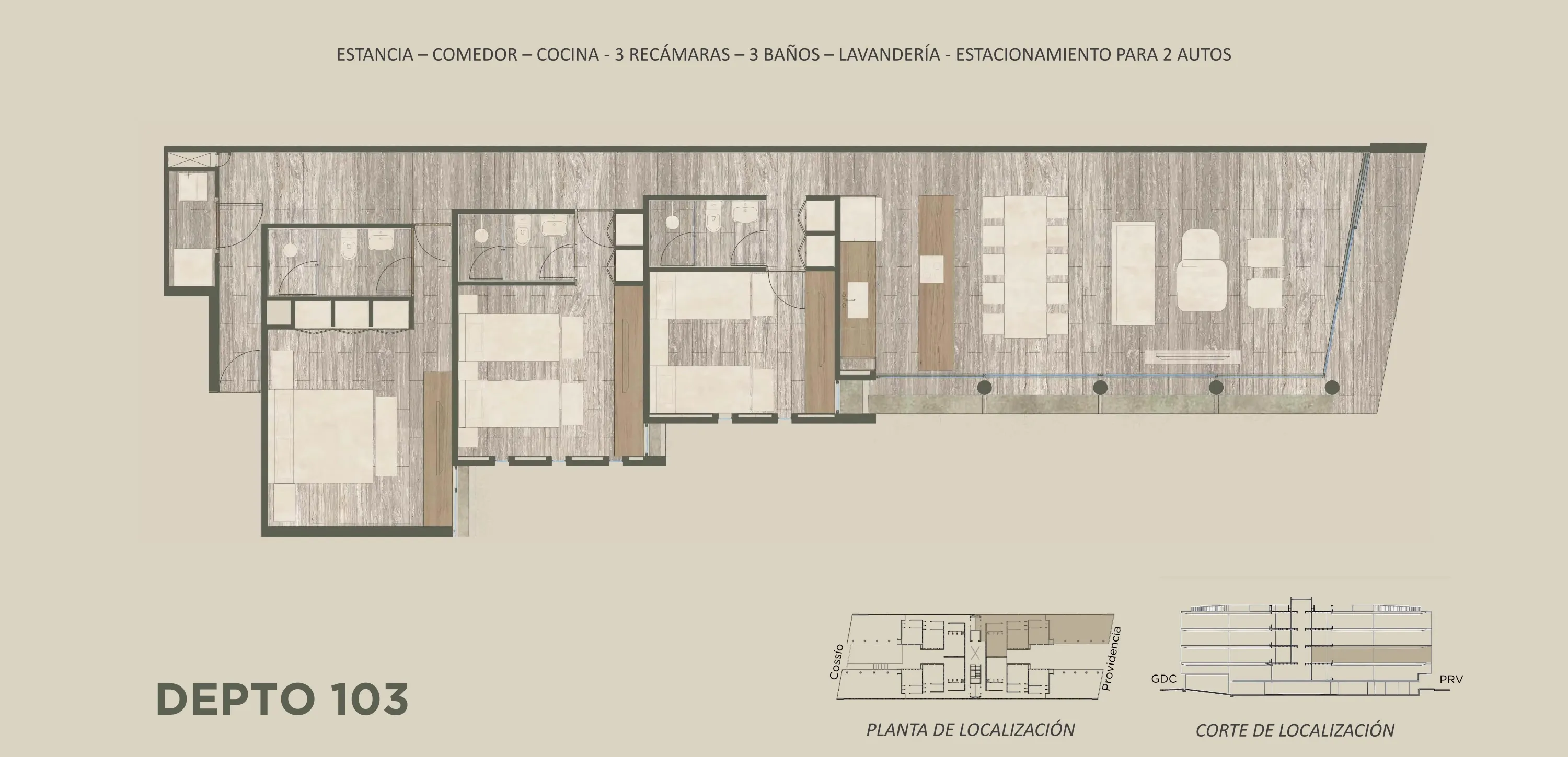 Plano arquitectónico del Depto 103: Estancia · Comedor · Cocina · 3 Baños · 3 Recámaras · 2 Estacionamientos · Lavandería