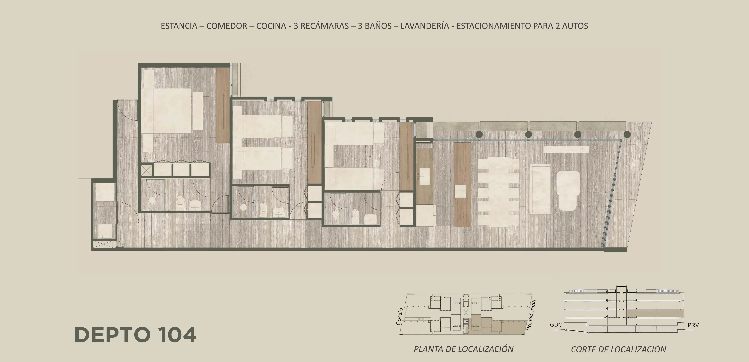 Plano arquitectónico del Depto 104: Estancia · Comedor · Cocina · 3 Baños · 3 Recámaras · 2 Estacionamientos · Lavandería