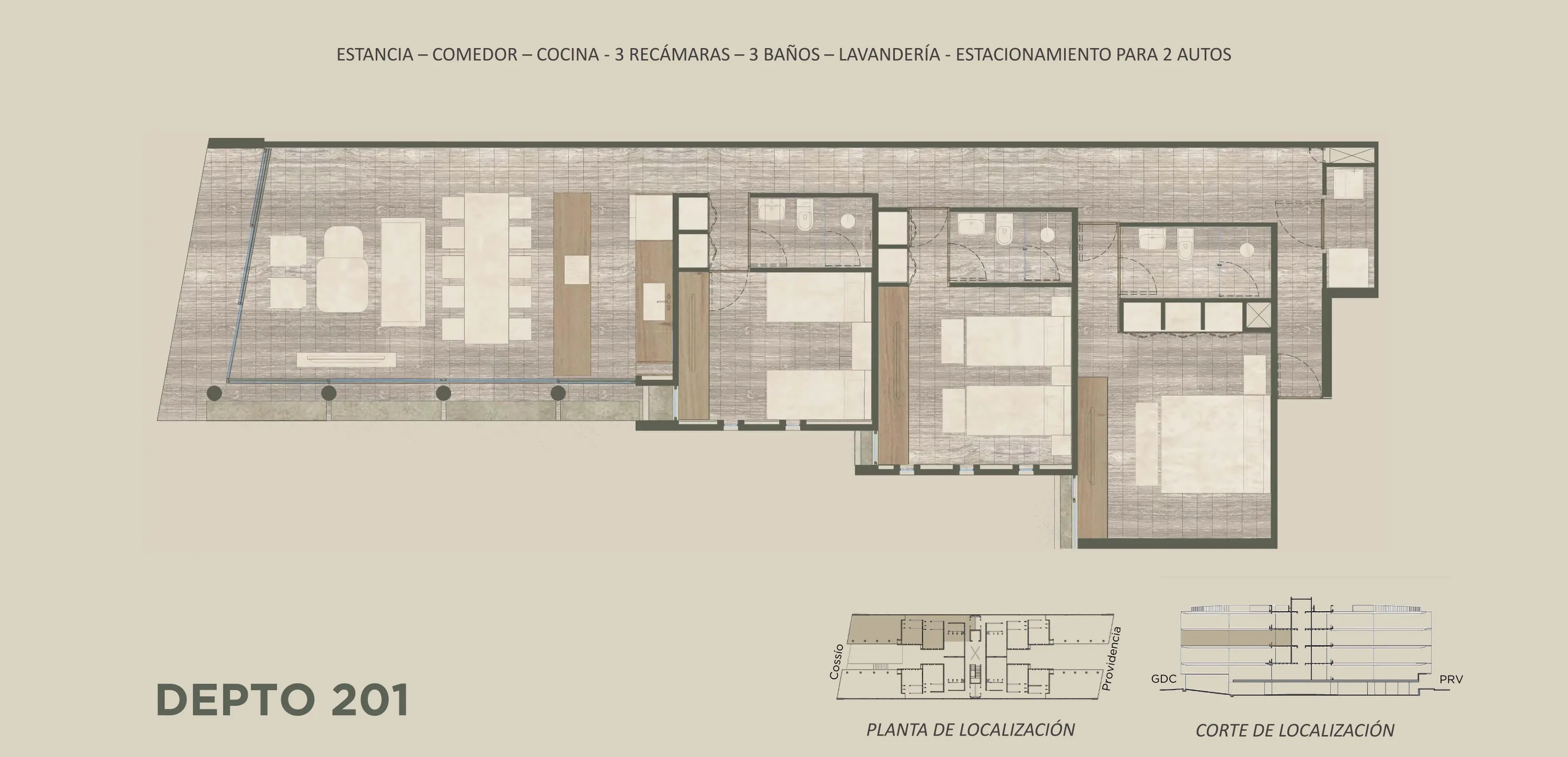 Plano arquitectónico del Depto 201: Estancia · Comedor · Cocina · 3 Baños · 3 Recámaras · 2 Estacionamientos · Lavandería