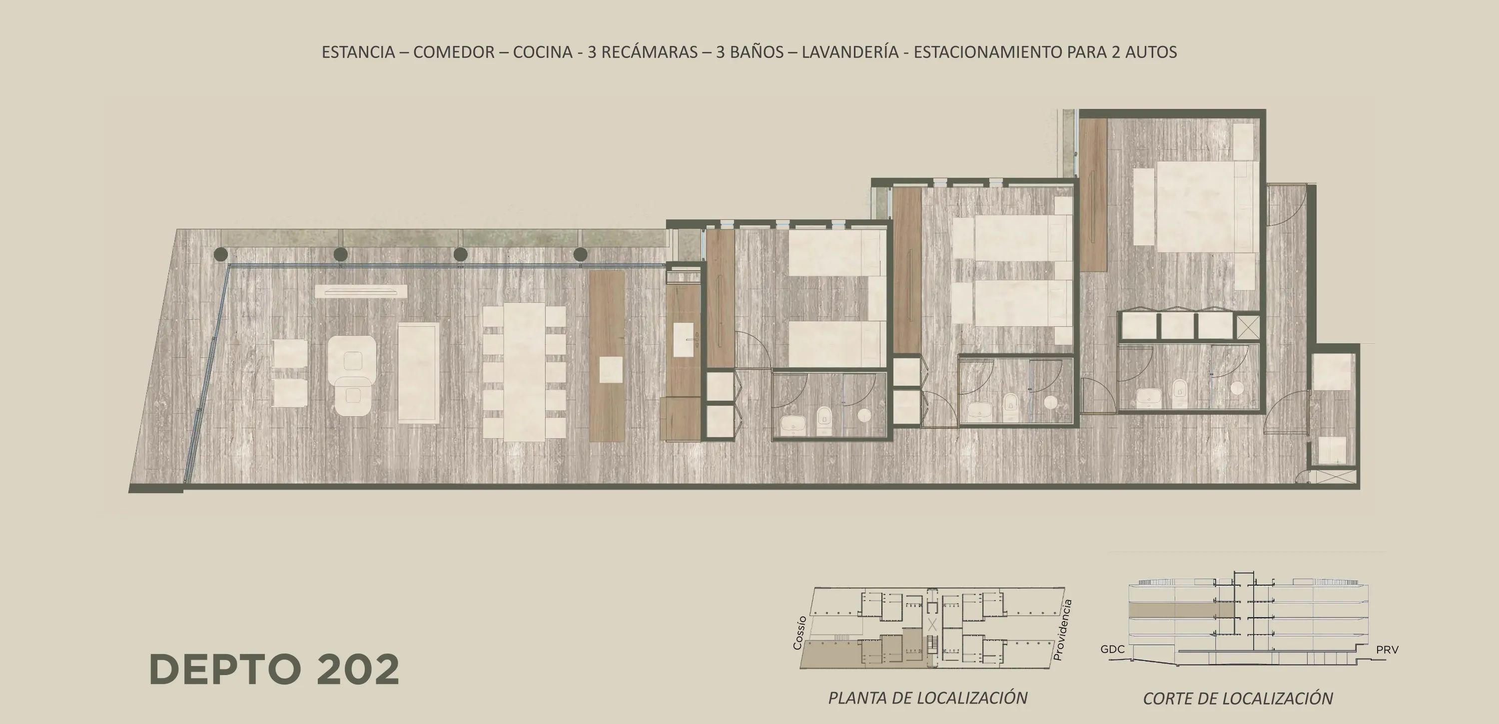 Plano arquitectónico del Depto 202: Estancia · Comedor · Cocina · 3 Baños · 3 Recámaras · 2 Estacionamientos · Lavandería
