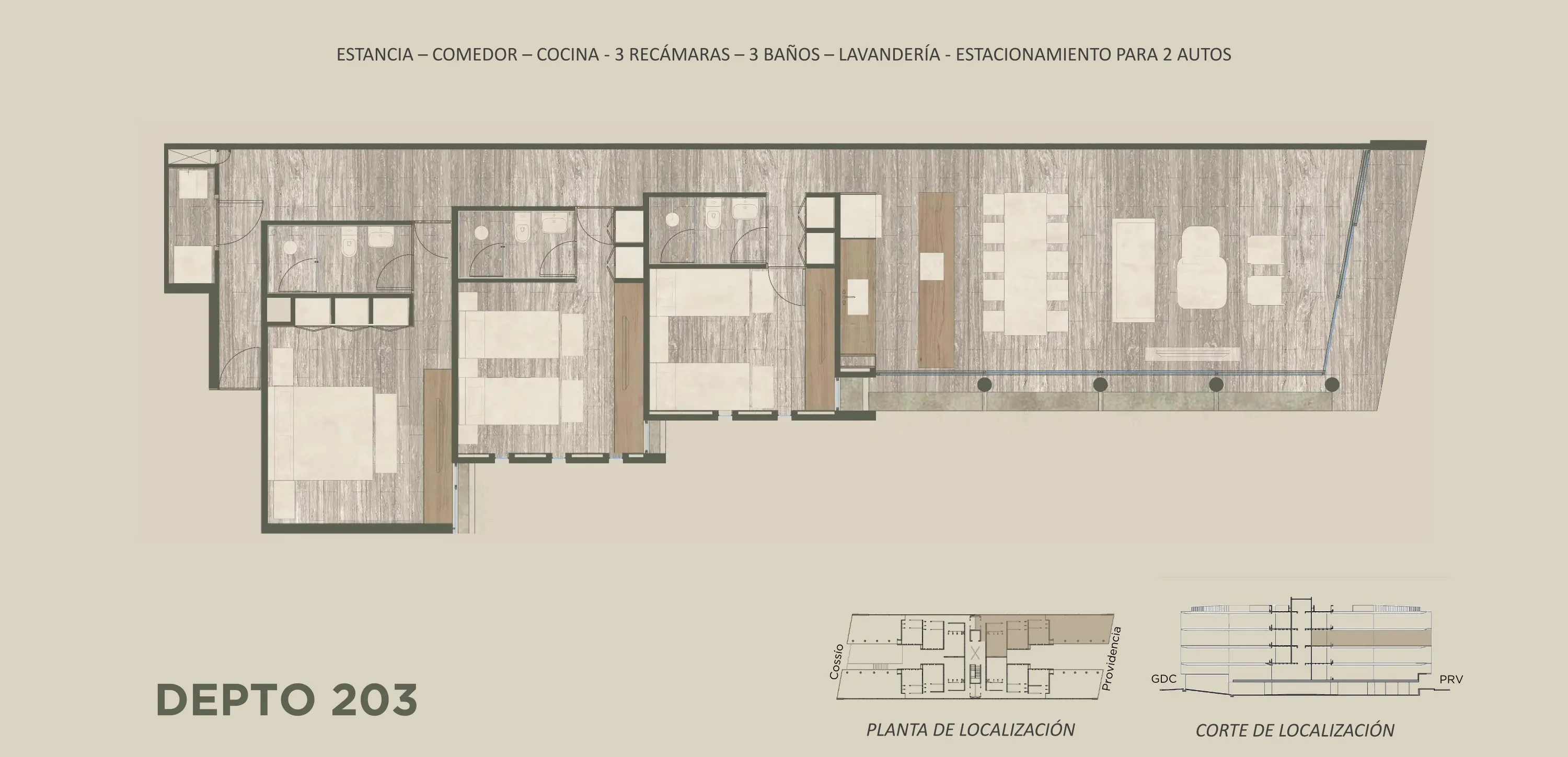 Plano arquitectónico del Depto 203: Estancia · Comedor · Cocina · 3 Baños · 3 Recámaras · 2 Estacionamientos · Lavandería