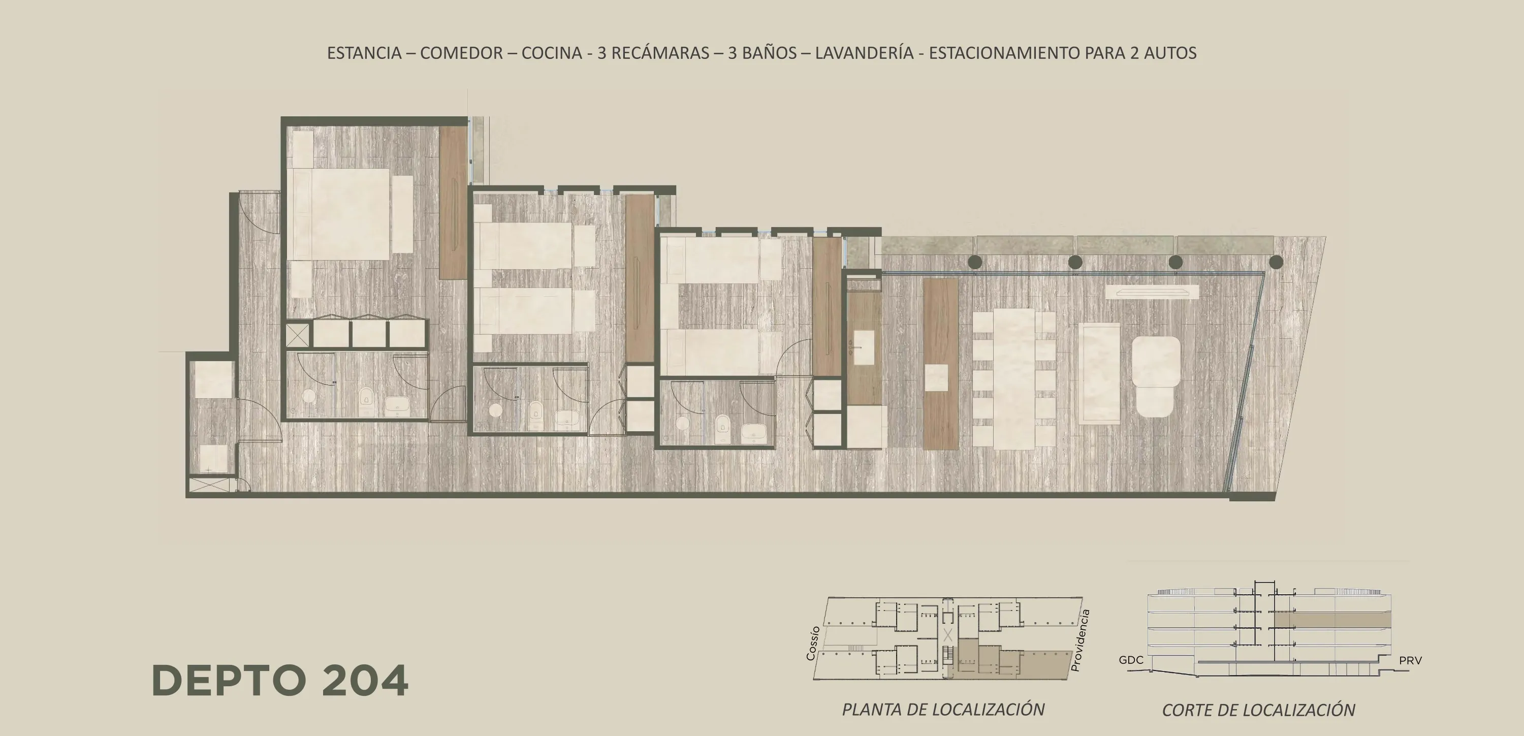 Plano arquitectónico del Depto 204: Estancia · Comedor · Cocina · 3 Baños · 3 Recámaras · 2 Estacionamientos · Lavandería