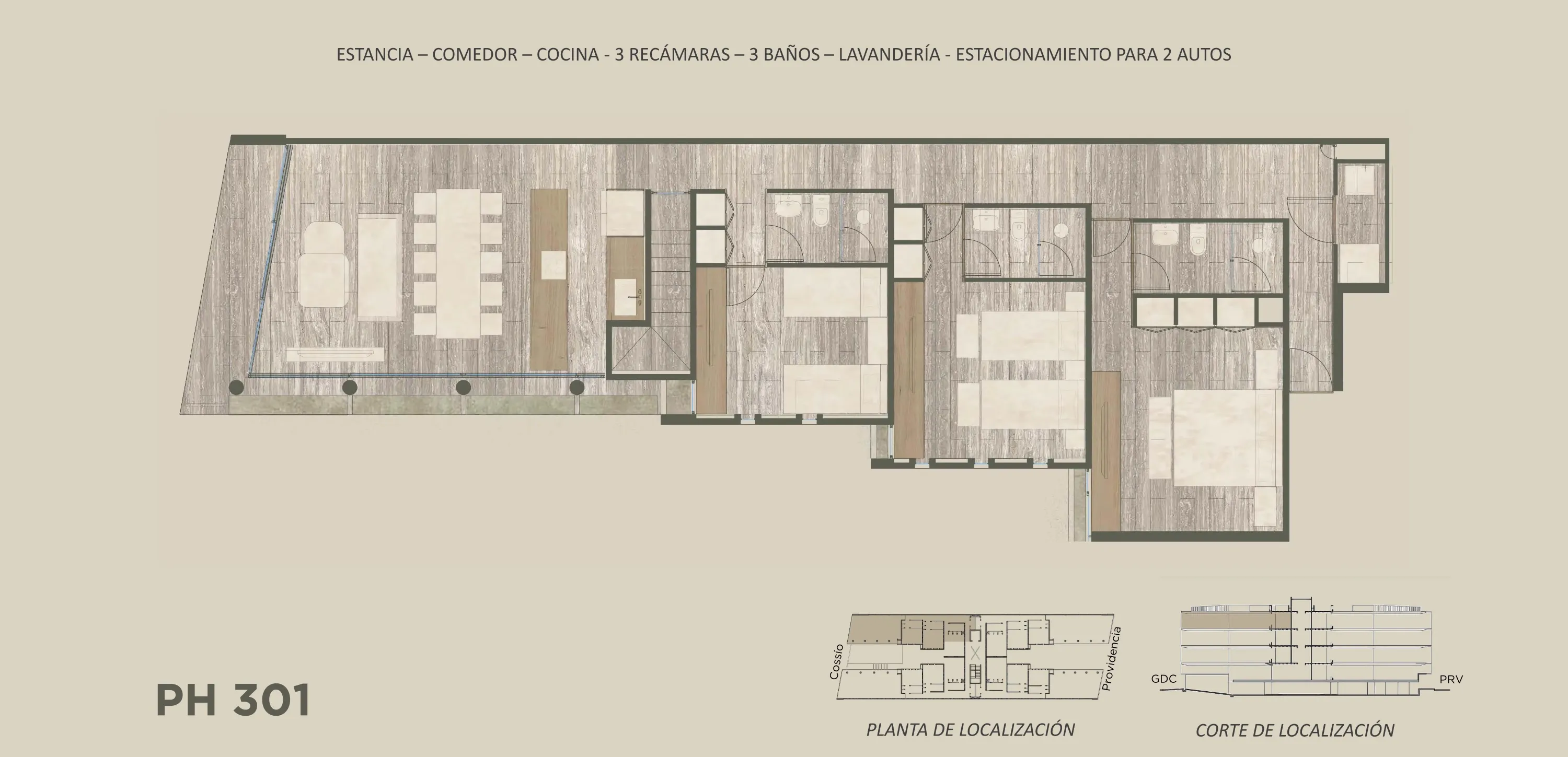 Plano arquitectónico del PH 301: Estancia · Comedor · Cocina · 3 Baños · 3 Recámaras · 2 Estacionamientos · Lavandería