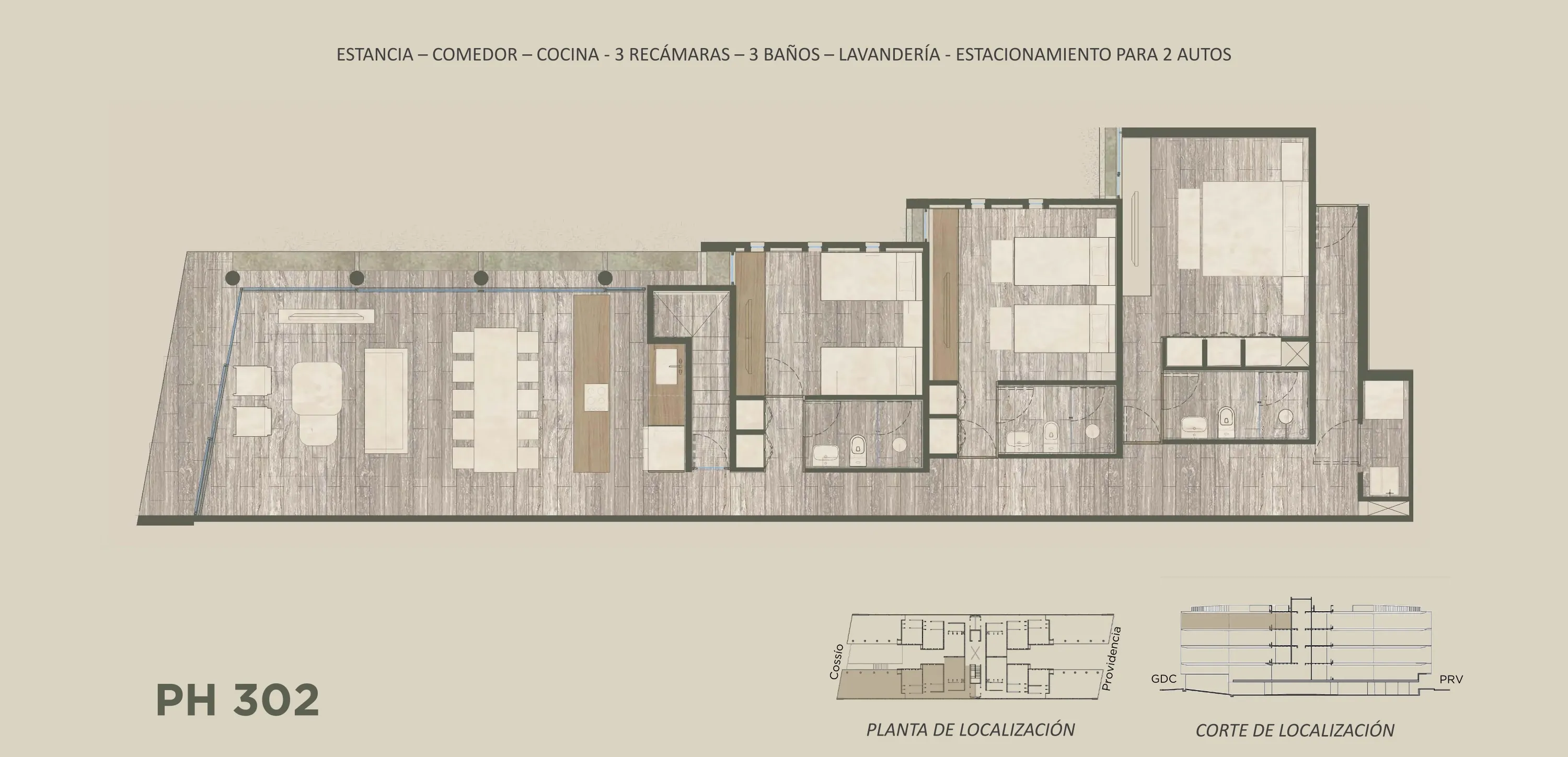 Plano arquitectónico del PH 302: Estancia · Comedor · Cocina · 3 Baños · 3 Recámaras · 2 Estacionamientos · Lavandería