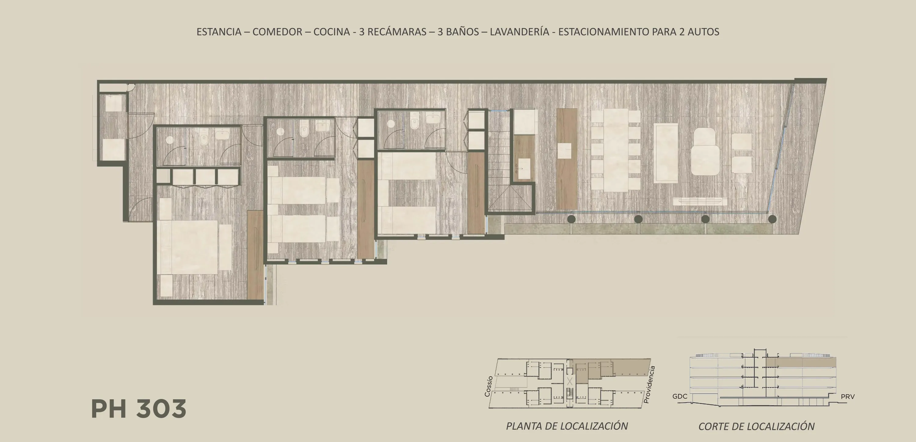 Plano arquitectónico del PH 303: Estancia · Comedor · Cocina · 3 Baños · 3 Recámaras · 2 Estacionamientos · Lavandería