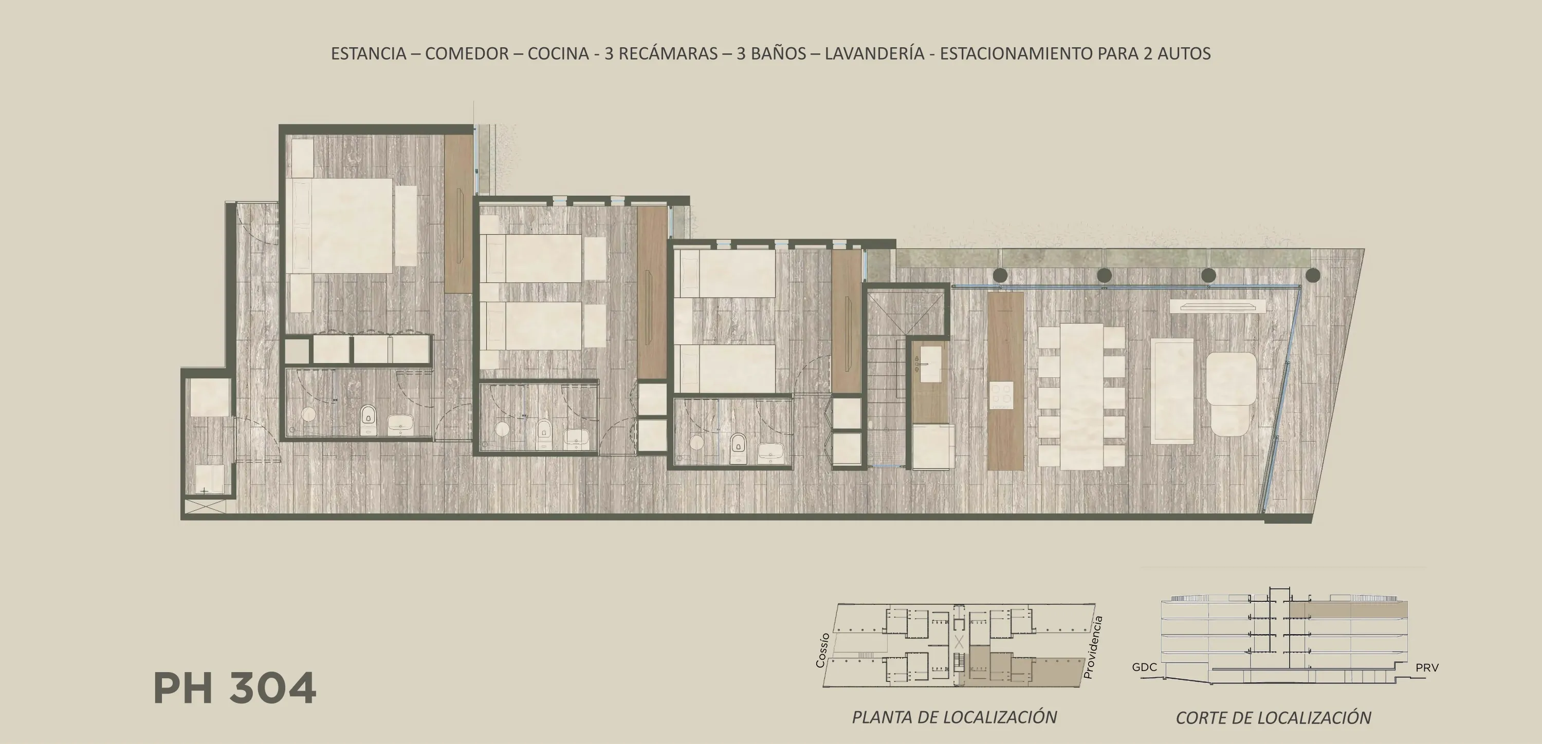 Plano arquitectónico del PH 304: Estancia · Comedor · Cocina · 3 Baños · 3 Recámaras · 2 Estacionamientos · Lavandería